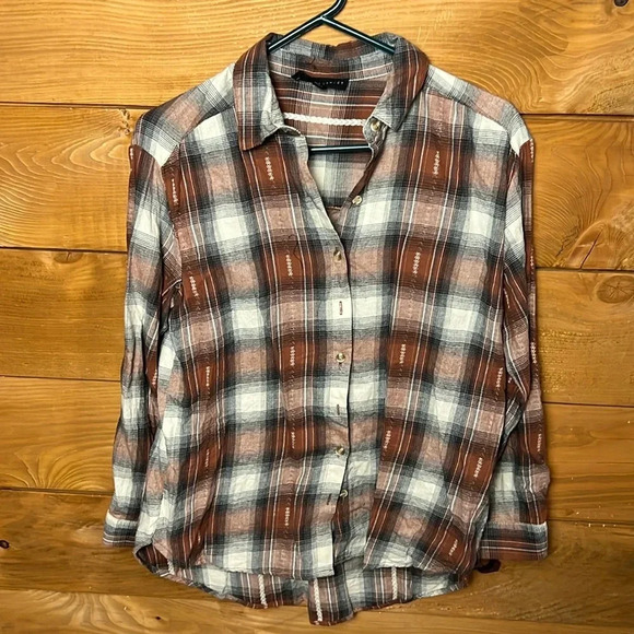 Jane + Delancey women’s button up flannel S brown white plaid soft lightweight ￼ - Picture 1 of 8